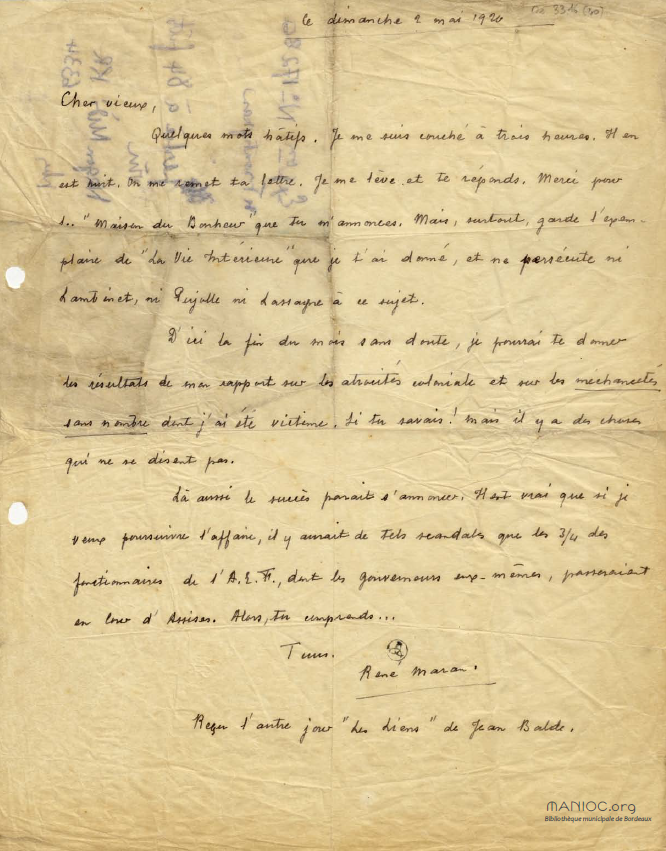 Lettre de René Maran à Charles Barrailley, 2 mai 1920 (BM de Bordeaux)